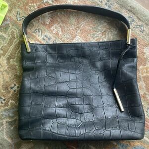 KATE SPADE Crocodile Embossed Leather Black Hobo Bag Purse monogram lining tote